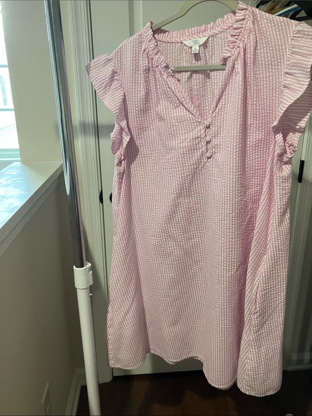 Time and Tru Light Pink Seersucker Ruffle Sleeve Tunic Dress